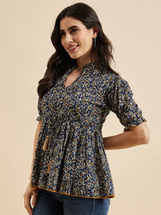 Blue Floral Printed Cotton Peplum Top – Mandarin Collar – Puff Sleeves