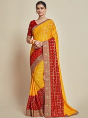 Yellow & Red Bandhani Saree – Embroidered Border – Brocade Blouse Piece