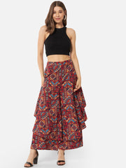 Red Multi-Colored Ethnic Print Palazzos – Flared Fit – Crepe