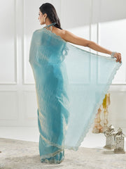 Teal Pure Silk Saree – Embroidered Border – Beads and Stones