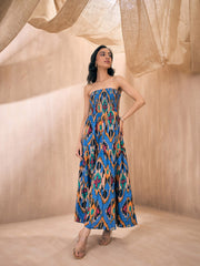 Blue & Brown Ikat Cotton Maxi Dress – Strapless – Smocked