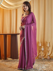 Magenta Solid Pure Chiffon Saree – Embellished Border – Beads and Stones