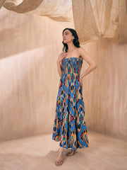 Blue & Brown Ikat Cotton Maxi Dress – Strapless – Smocked