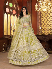 Lime Green Floral Embroidered Net Lehenga – Sequinned – Unstitched with Dupatta