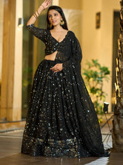 Black Sequinned Embroidered Lehenga – Round Neck – Dupatta Included