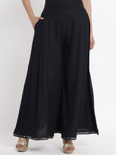 Black Flared Rayon Palazzos – Mirror Work – Slip-On Waist