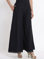 Black Flared Rayon Palazzos – Mirror Work – Slip-On Waist