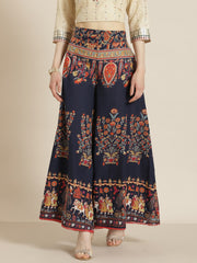 Navy Blue Ethnic Print Cotton Palazzos – Flared Fit – With Scrunchie