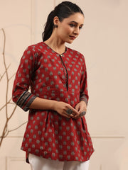 Maroon & Black Ethnic Print Cotton Kurti – A-Line – Keyhole Neck
