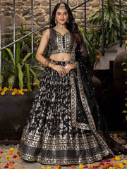 Black & Gold Embroidered Silk Lehenga – Sequinned – Semi-Stitched with Dupatta