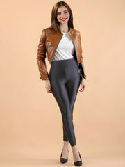 Black Shimmer Nylon Ankle-Length Leggings – Slip-On – Solid