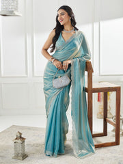 Teal Pure Silk Saree – Embroidered Border – Beads and Stones