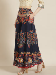 Navy Blue Ethnic Print Cotton Palazzos – Flared Fit – With Scrunchie