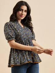 Blue Floral Printed Cotton Peplum Top – Mandarin Collar – Puff Sleeves