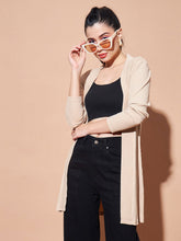 Beige Ribbed Longline Shrug – Open Front – Long Sleeves