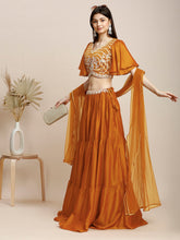 Orange & Gold Floral Embroidered Lehenga – V-Neck – Dupatta