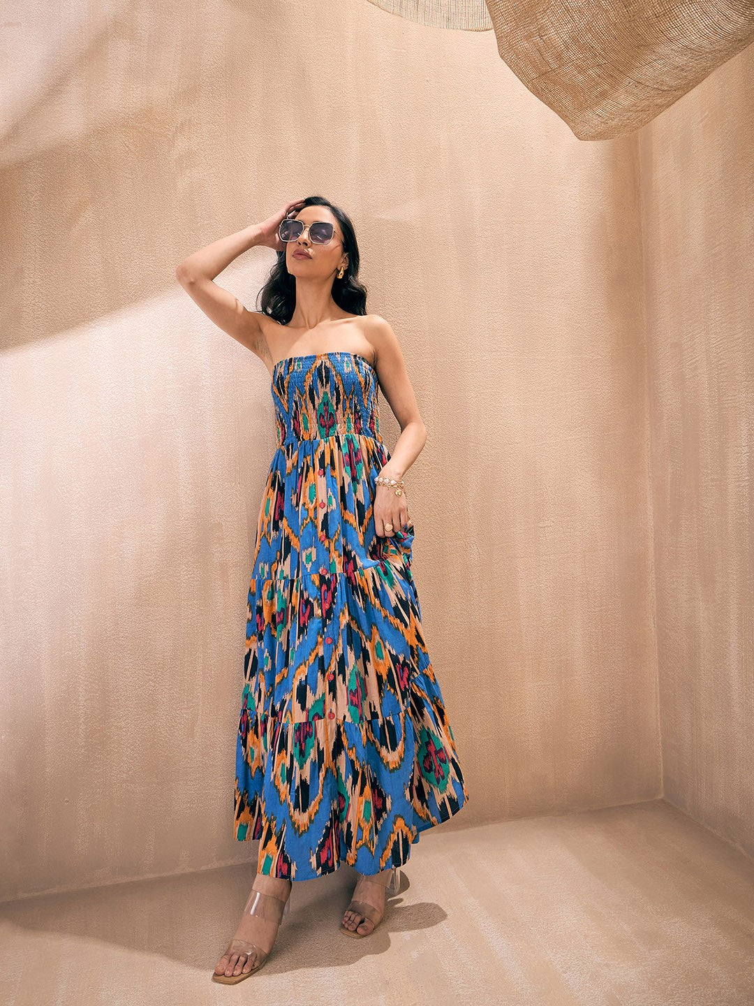 Blue & Brown Ikat Cotton Maxi Dress Strapless Smocked Fabforever Blue & Brown Ikat Cotton Maxi Dress Strapless Smocked Fabforever