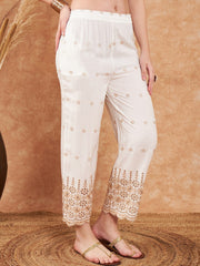 Off-White & Pink Embroidered Palazzos – Flared Fit – Rayon