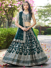 Green Silk Jacquard Lehenga – Sequins & Zari Embroidery – Semi-Stitched with Dupatta