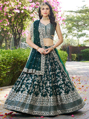 Green Silk Jacquard Lehenga – Sequins & Zari Embroidery – Semi-Stitched with Dupatta
