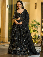 Black Sequinned Embroidered Lehenga – Round Neck – Dupatta Included