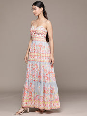 Blue Floral Print Cotton Maxi Dress – Shoulder Straps – Cut-Out Detail