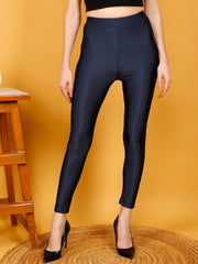 Navy Blue Shimmer Nylon Elastane Leggings – Mid Waist – Glossy Finish