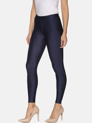 Navy Blue Solid Nylon Elastane Leggings – Ankle Length – Shimmer Finish