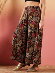 Black Floral Printed Flared Palazzos – Rayon – Slip-On Waist