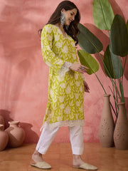 Black Floral Cotton Straight Kurta – V-Neck