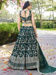 Green Silk Jacquard Lehenga – Sequins & Zari Embroidery – Semi-Stitched with Dupatta