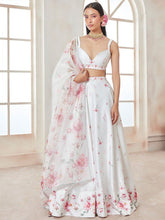 White & Pink Printed Satin Lehenga – V-Neck – Semi-Stitched with Dupatta