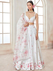 White & Pink Printed Satin Lehenga – V-Neck – Semi-Stitched with Dupatta