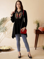 Black Embroidered Short Kurti – Mandarin Collar – Thread Work