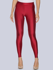 Red Solid Nylon Blend Leggings – Ankle Length – Shimmer Finish