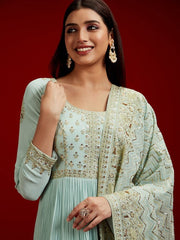 Sea Green Sequinned Anarkali Kurta Set – Georgette – Round Neck