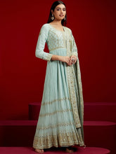 Sea Green Sequinned Anarkali Kurta Set – Georgette – Round Neck