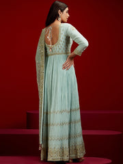 Sea Green Sequinned Anarkali Kurta Set – Georgette – Round Neck