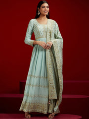 Sea Green Sequinned Anarkali Kurta Set – Georgette – Round Neck