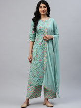 Sea Green Floral Cotton Kurta Set – Straight Fit – Sweetheart Neck