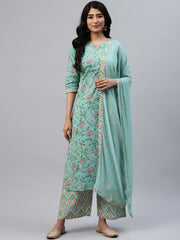 Sea Green Floral Cotton Kurta Set – Straight Fit – Sweetheart Neck