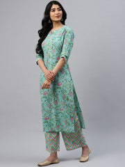 Sea Green Floral Cotton Kurta Set – Straight Fit – Sweetheart Neck