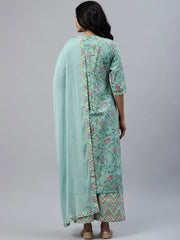Sea Green Floral Cotton Kurta Set – Straight Fit – Sweetheart Neck
