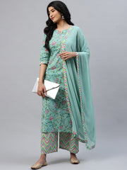 Sea Green Floral Cotton Kurta Set – Straight Fit – Sweetheart Neck