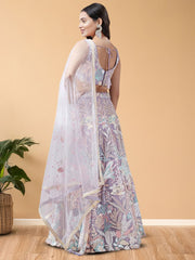 Lavender & Pink Embroidered Net Lehenga – Sequinned – Semi-Stitched with Dupatta