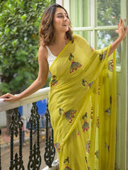 Green & Navy Blue Ethnic Motifs Pure Cotton Saree – No Border – Embroidered