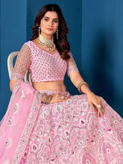 Pink & White Embroidered Net Lehenga – Thread Work – Semi-Stitched with Dupatta