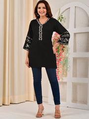 Black Embroidered Rayon Kurta – Bell Sleeves – V-Neck
