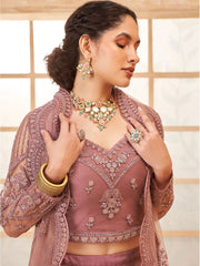 Pink & Silver Embellished Satin Lehenga – Beads & Stones – Semi-Stitched with Dupatta