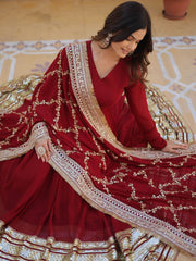 Maroon Maxi Georgette Ethnic Dress – V-Neck – Solid